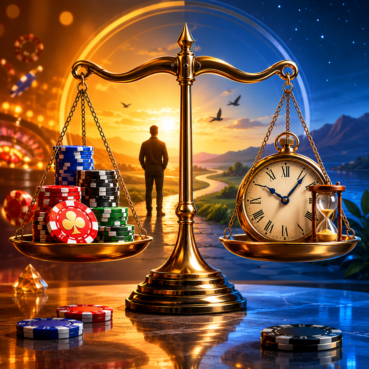 Responsible gambling concept with balanced scale and casino chips