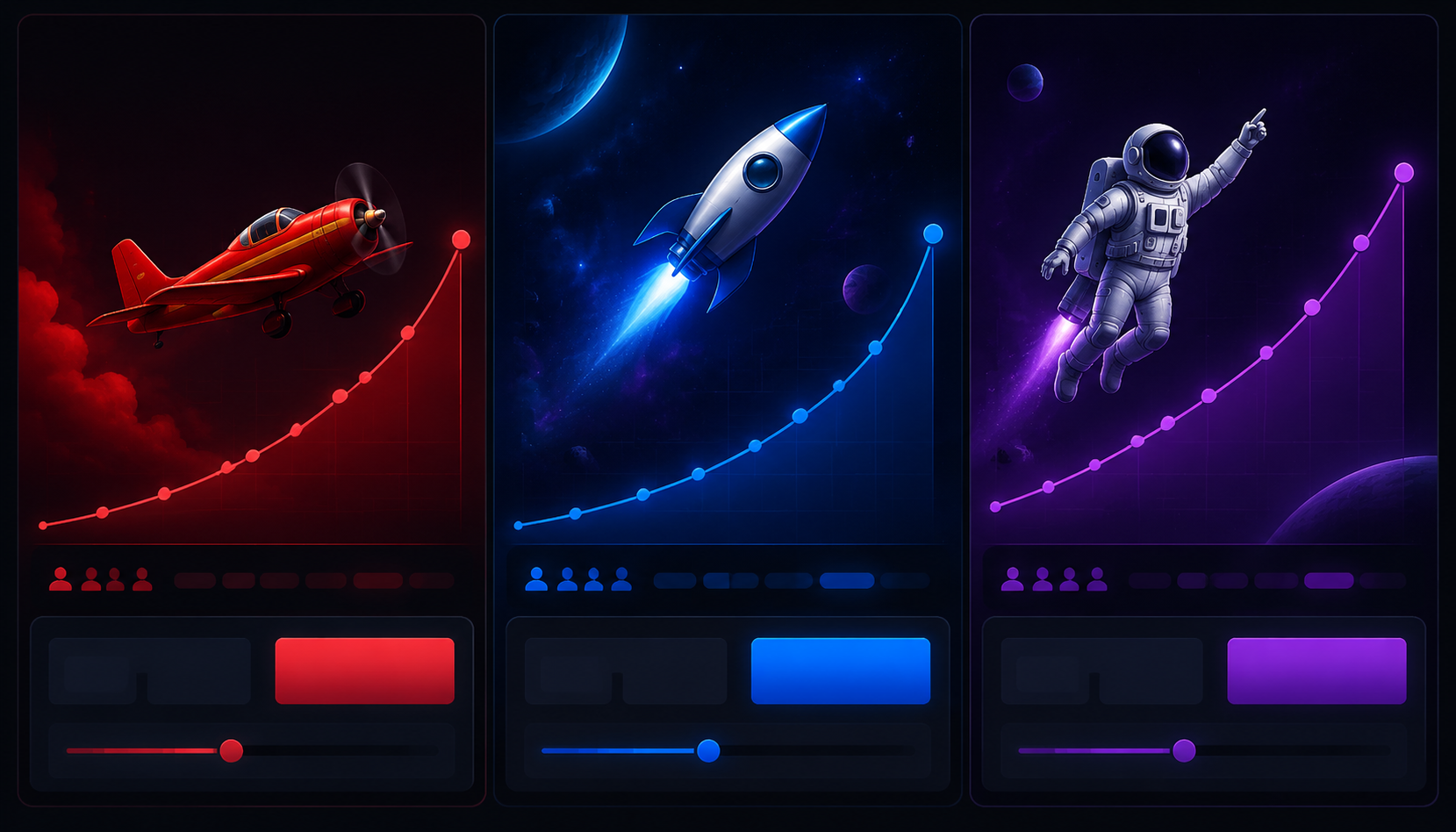 Aviator vs JetX vs Spaceman crash games comparison showing airplane, rocket, and astronaut