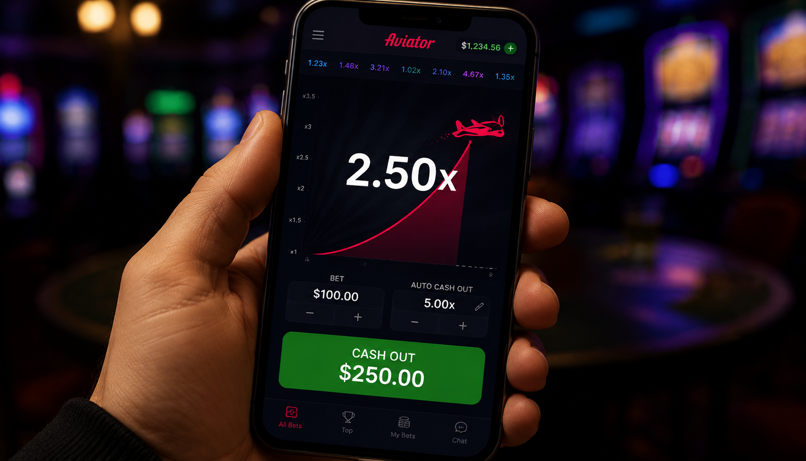 Mobile crash game interface showing the cash-out button and live multiplier during gameplay